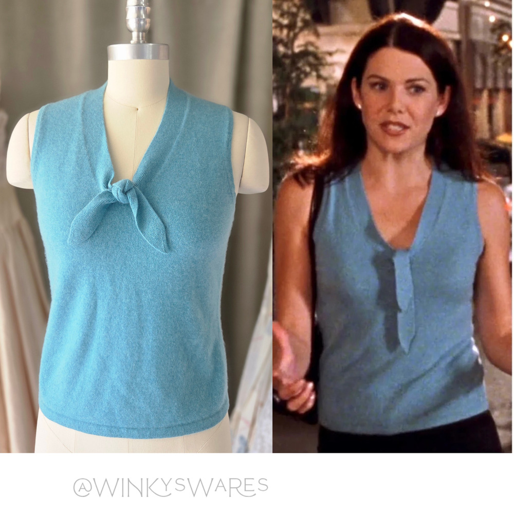 ASO Gilmore Girls Cashmere Tie Neck Top Size M Light Blue Lorelai Sleeveless